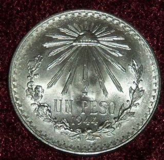 Bright Gem Bu 1944 Mexico Un Peso Silver Foreign Coin,  S/h