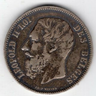 1869 Belgian 5 Franc Coin,  King Leopold Ii Obverse,  By Leopold Wiener
