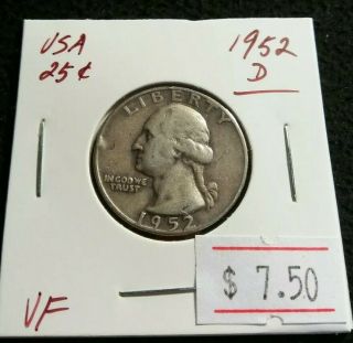 Usa 1952 D Washington Quarter Silver 90 Rotated Die Early Date Coin (j33)