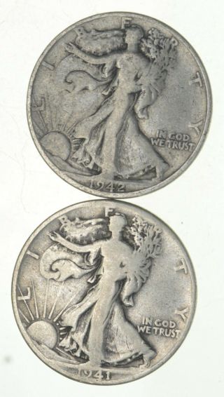 (2) 1941 - D & 1942 - S Walking Liberty Half Dollars 90 Silver $1.  00 Face 805