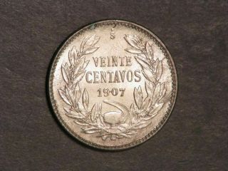 CHILE 1907 20 Centavos Silver AU - UNC 2