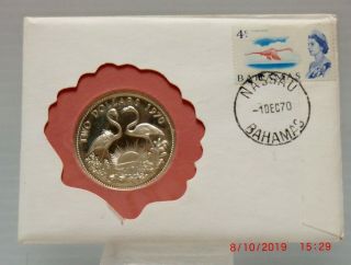 1970 Proof Bahamas 2 Dollar Coin In First Day Cover 4 Cent Stamp -