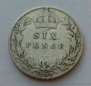 1903 Great Britain 6 Six Pence.  925 Silver Coin