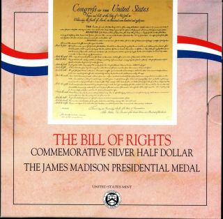 1993 The Bill Of Rights Commemorative Silver Half Dollar W/ Madison Medal Opened