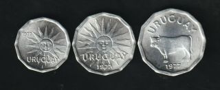 Uruguay Series 1977,  1,  2 And 5 Centesimos,  Aluminum,  Bu