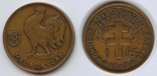 G1055 - Madagascar 1 Franc 1943 Km 2 Rar Gallic Cock Madagasikara
