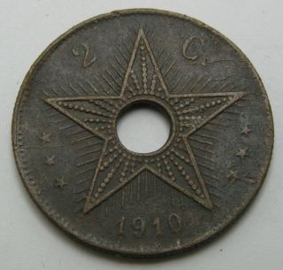 Belgian Congo 2 Centimes 1910 - Copper - F/vf - 1884