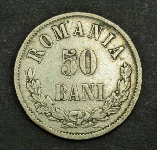 1873,  Kingdom Of Romania,  Carol I.  Silver 50 Bani Coin.  Vf -