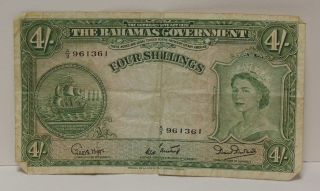 1953 Bahamas Four Shillings Bank Note,  Queen Victoria,  Circulated