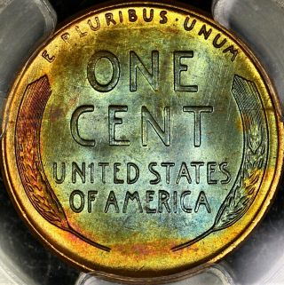 Toned 1957 D Lincoln Wheat Cent Pcgs Ms65 Rb Gorgeous Blue Rev Color Pq Ms65rb