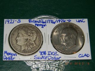 1921 - S Morgan 90 Silver Dollar &1776/1976 - D Bicentennial Ike {unc} Dollar