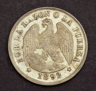 1892,  Chile (republic).  Silver 20 Centavos Coin.  Xf