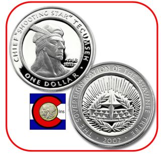 2002 Shawnee Tribe Proof Chief " Shooting Star " Tecumseh - - 0.  999 1oz Silver Coin