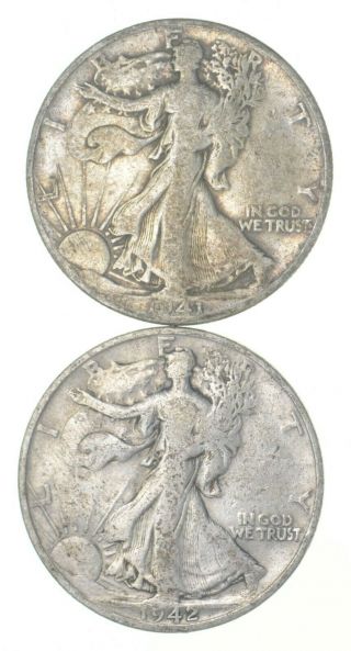(2) 1941 - D & 1942 - S Walking Liberty Half Dollars 90 Silver $1.  00 Face 940
