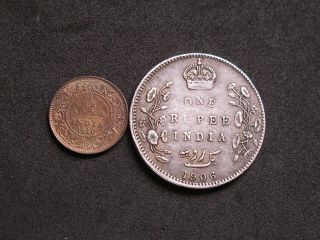 British India 1 Rupee Coin 1906.  1/12 Anna 1910.
