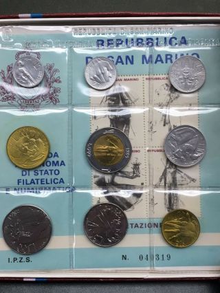 1985 San Marino Uncirculated 9 Coin Set With Stamps & Box