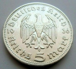 (487) Antique Wwii German 3rd Reich 1936 D 5 Reichsmark Silver Coin