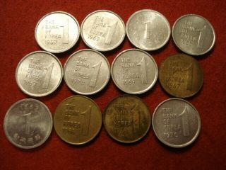 12 Korea 1 Won Coins 1966 - 1983