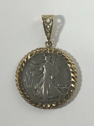 1942 Walking Liberty Half Dollar In Gold Plated Sterling Silver Bezel Pendant