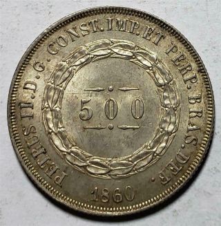 Brazil,  500 Reis,  1860,  Toned Uncirculated W/luster, .  1879 Ounce Silver