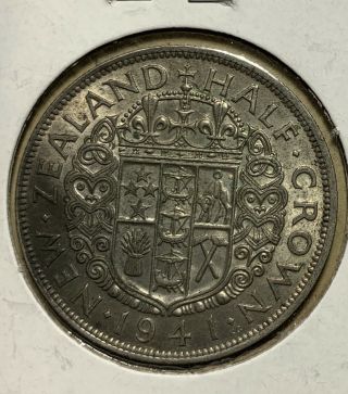 1941 Zealand Half 1/2 Crown Silver Coin