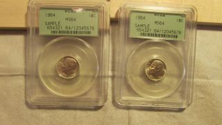 Two 1964 Us Roosevelt 10c Dime Silver Coins " Pcgs Ms 64 Sample " Old Green Labels