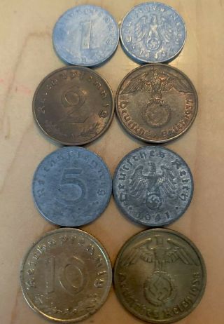German Nazi Wwii 1 - 2 - 5 - 10 Reichspfennig Coin Set - Eagle With Swastika - Rare S3