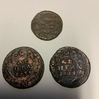 1734 Russian Empire 2 1/4 Kopeck Polushka 1 1/2 Kopeck Denga Copper Coins