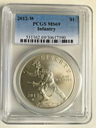 2012 W $1 U.  S.  Infantry Commemorative Silver Dollar Pcgs Ms69 - Blue Label