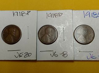 A Set Of Three Lincoln Head Wheat Pennies From 1918 P,  D,  S -