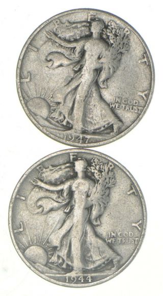 (2) 1944 - S & 1947 - D Walking Liberty Half Dollars 90 Silver $1.  00 Face 727