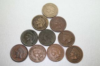 10 Indian Head Pennies From – 1859– 1908 No Culls Some With Liberty Showing (1)