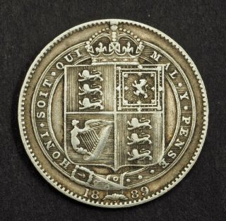 1889,  Great Britain,  Queen Victoria.  Silver Shilling Coin.  VF 2