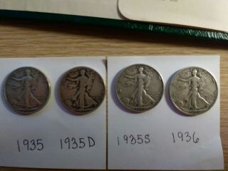 (5) Walking Liberty Half Dollars,  1935,  35d,  35s,  36,  36 d.  VF - EF.  coins 3