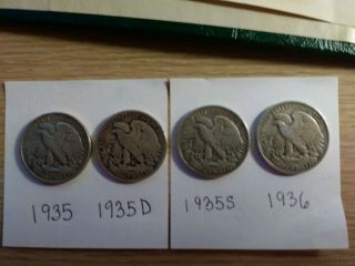 (5) Walking Liberty Half Dollars,  1935,  35d,  35s,  36,  36 d.  VF - EF.  coins 4