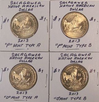 Sacagawea 2013 Uncirculated Native American Dollar Set Of 4 (p & D - Type A & B)