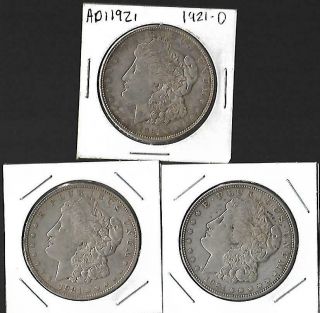1921 D Morgan Silver Dollars (3) Three Total In The Usa