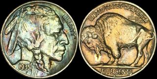1935 Buffalo Indian Head Nickel 5 Cents Multi Color Toned Coin