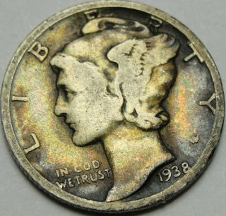 1938 - D 10c Mercury Dime,  Toned,  Winged Liberty Head,  90 Silver,  14243