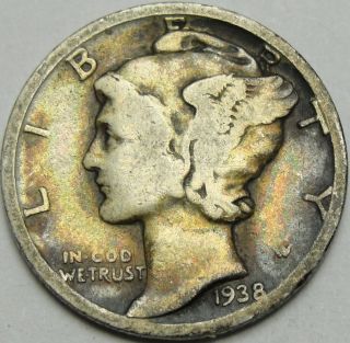 1938 - D 10C Mercury Dime,  Toned,  Winged Liberty Head,  90 Silver,  14243 2