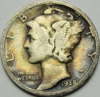 1938 - D 10C Mercury Dime,  Toned,  Winged Liberty Head,  90 Silver,  14243 3