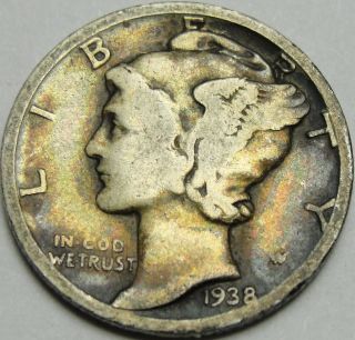 1938 - D 10C Mercury Dime,  Toned,  Winged Liberty Head,  90 Silver,  14243 4