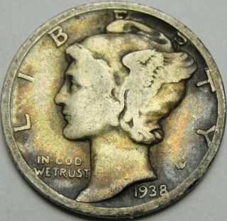 1938 - D 10C Mercury Dime,  Toned,  Winged Liberty Head,  90 Silver,  14243 5