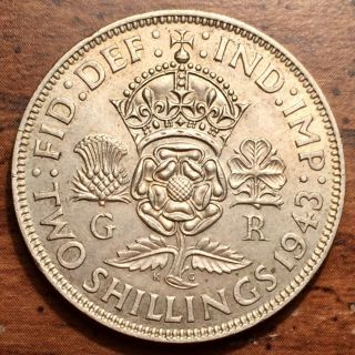 1943 Silver Great Britain 2 Shillings King George Vi Coin