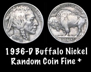 1936 - D Buffalo Nickel 5c Denver - One Random Coin - Fine Or Better
