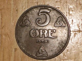 Norway 1916 5 Ore Coin Very Fine