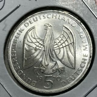 1970 - F Germany Silver 5 Mark Brilliant Uncirculated Coin