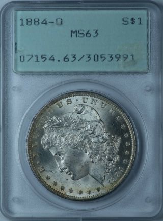 1884 - O Morgan Pcgs Ms63 Silver Dollar " Rattler " 1st Gen Old Green Holder (ogh)