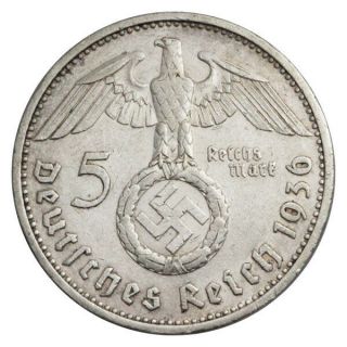 GERMANY DEUTSCHLAND 5 MARK REICHSMARK SILVER HINDENBURG KM 94 G 1936 XF 2