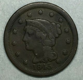 1845 Braided Hair Large Cent Fine United States Copper Coin 1c Cc100